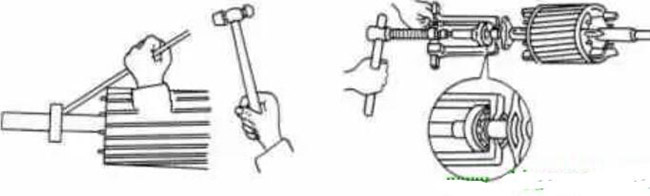 圖1-1-3使用拉拔器拆卸軸承。圖1-1-4取下軸承的絲錐 圖1-1-3使用拉拔器拆卸軸承。圖1-1-4取下軸承的絲錐